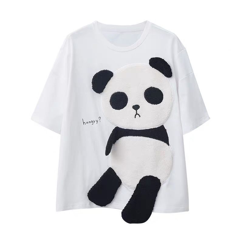Cotton-containing spring and summer new short-sleeved t-shirt women's 2022 Korean version ins loose panda embroidered cute Japanese white top