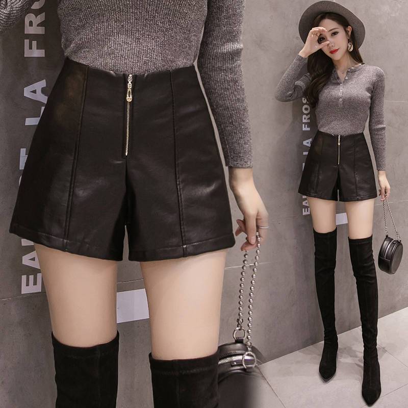 New Korean leather shorts women's high waist Pu large size loose and slim casual A-line wide leg boots pants in autumn and winter 2020