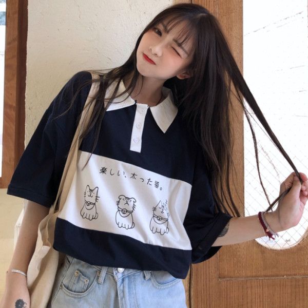 New polo collar, college style BF, Japanese Short Sleeve T-shirt, women's trendy and loose, Korean mschf, Hong Kong style top