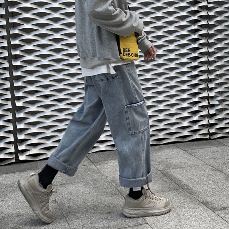 Hong Kong style wide leg straight jeans male student Korean Capris spring pants men's loose trend versatile men's pants