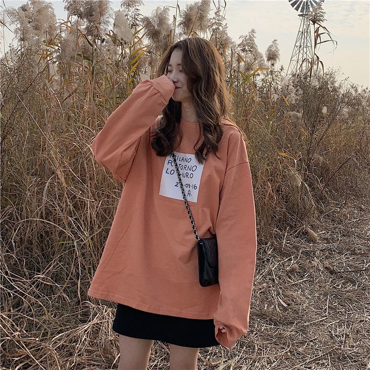 Cotton spring new Korean student's loose long sleeve upper garment women's base coat and medium length T-shirt