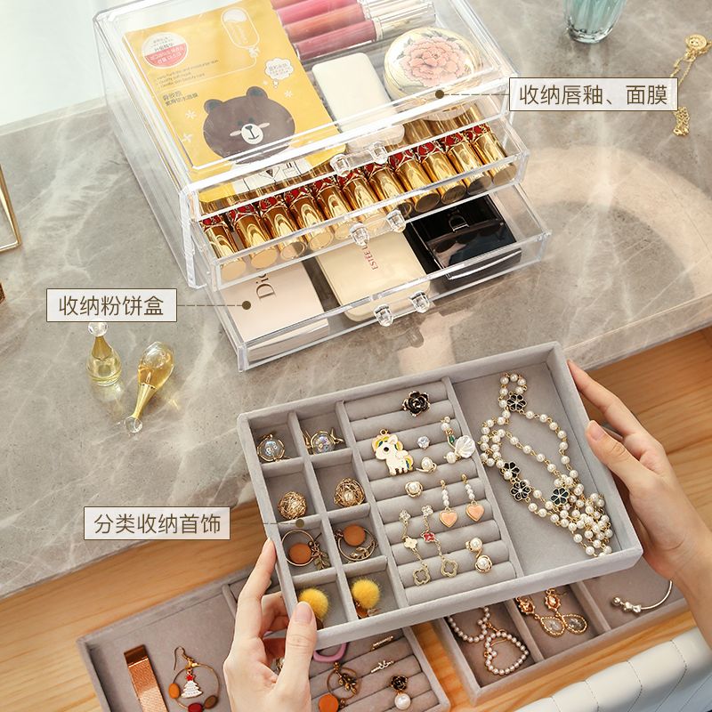 欧式首饰盒透明戒指耳环架耳钉手表项链化妆盒抽屉式梳妆台整理盒