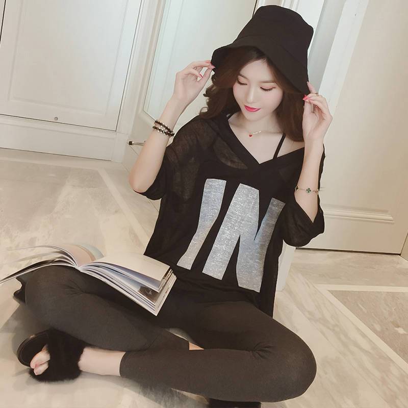 Large T-shirt women 2020 new summer fat sister Korean loose V-neck top suspender two piece Casual Short Sleeve