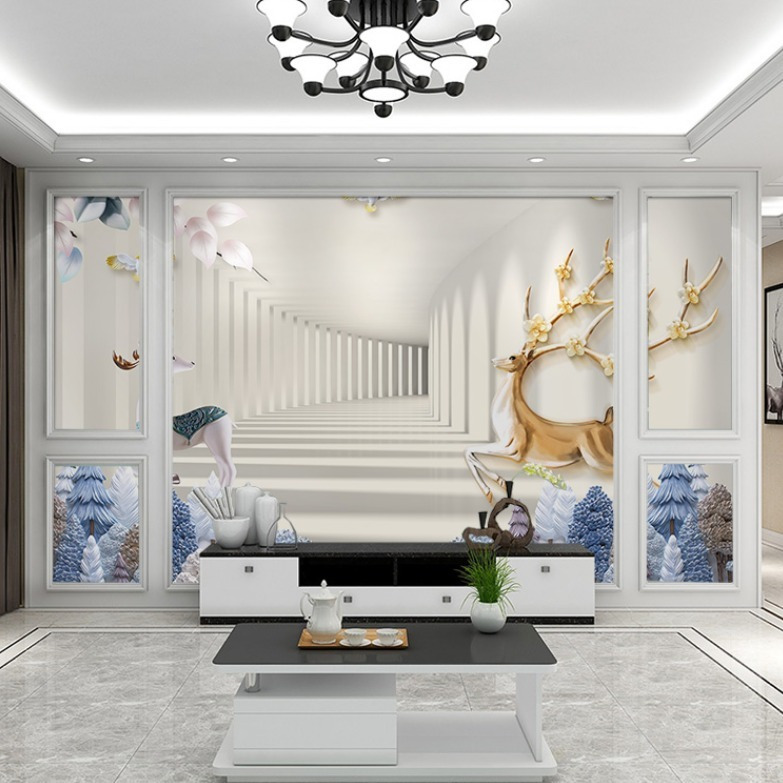 电视背景墙壁纸现代简约家用5d立体大气客厅8d壁画麋鹿3d影视墙布