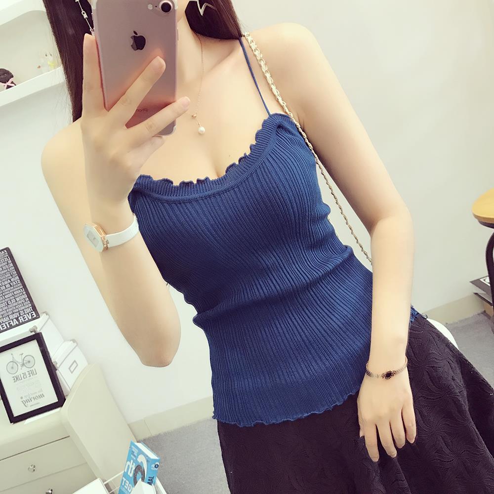 木耳花边v领细肩带吊带小背心女修身短款外穿无袖针织打底衫上衣