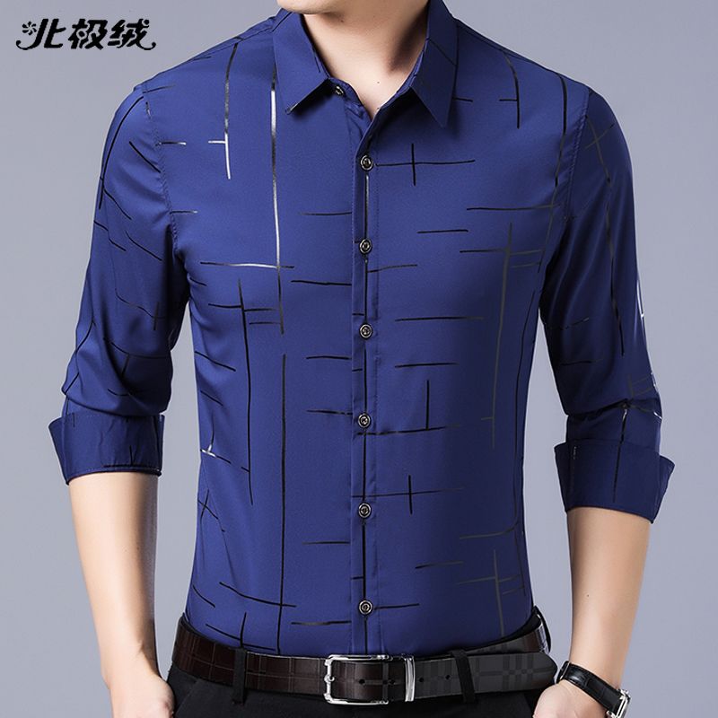 北极绒新款翻领衬衫长袖免烫衬衣男士印花商务休闲春秋款韩版潮流