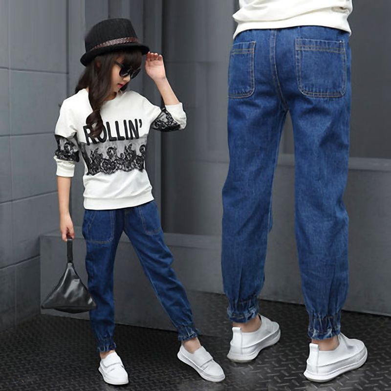 Girls' jeans autumn and winter clothes big boys' foreign style high waisted trousers girls' Korean children's Leggings trousers with velvet