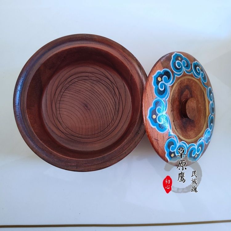 蒙古族炒米盒特色實木手工彩繪木制炒米碗帶蓋碗蒙餐新疆西藏專鏈