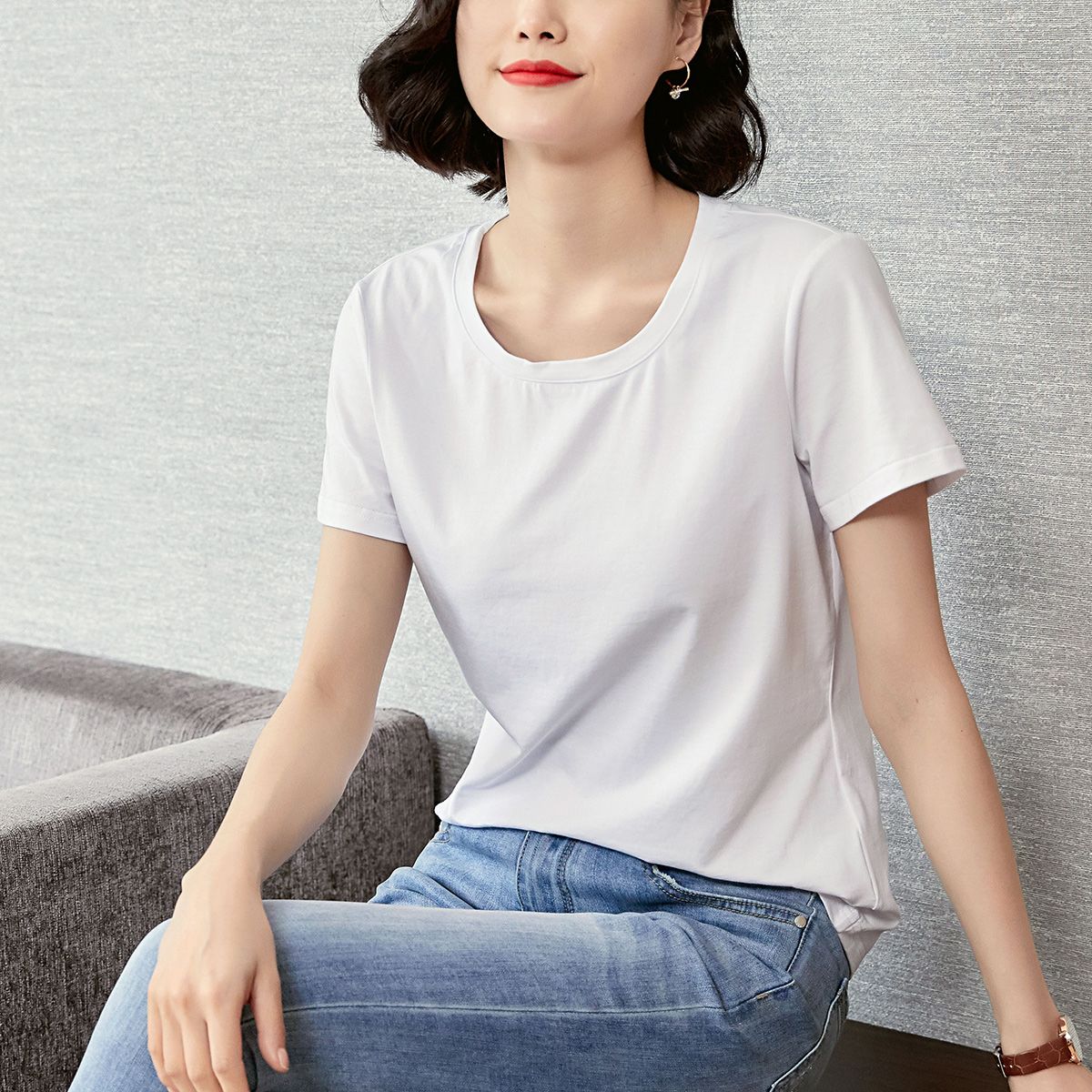 moho&mo 2020夏季新款时尚简约百搭纯色上衣女式短袖t恤_拼多多返利