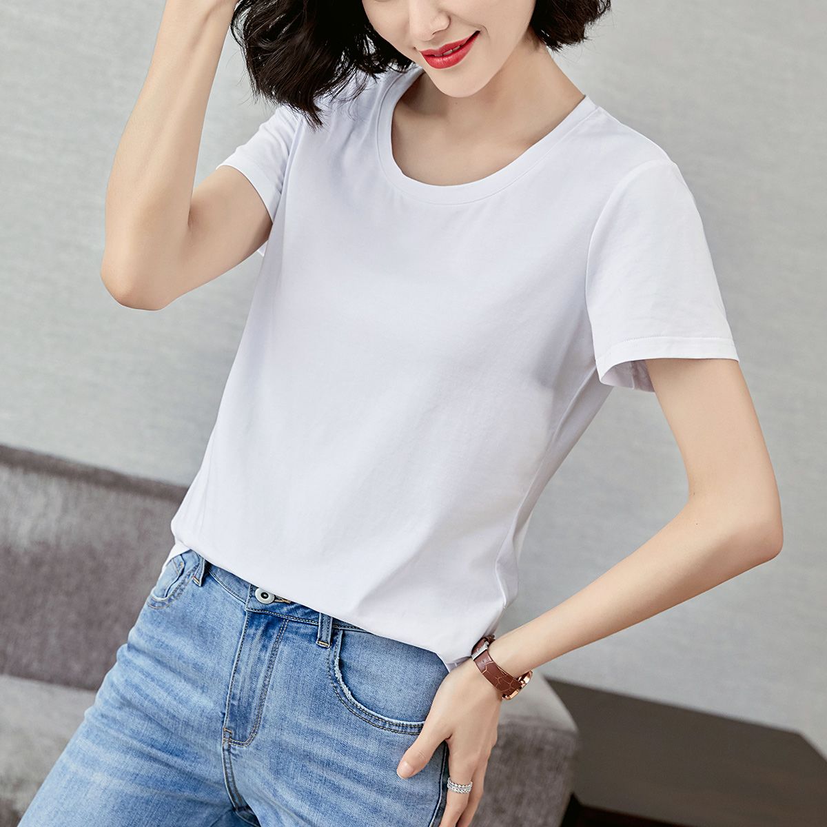 moho&mo 2020夏季新款时尚简约百搭纯色上衣女式短袖t恤_拼多多返利
