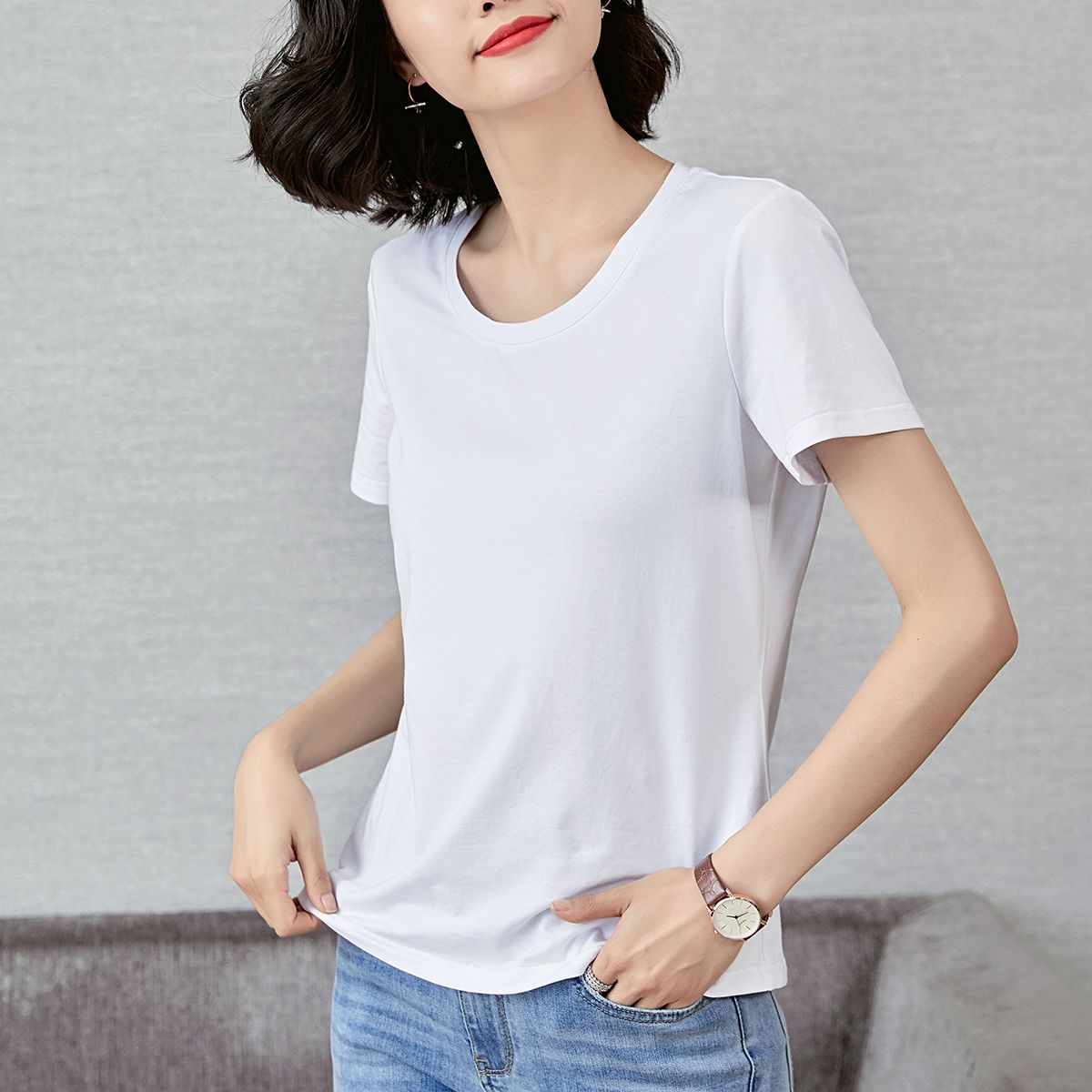 moho&mo 2020夏季新款时尚简约百搭纯色上衣女式短袖t恤_拼多多返利
