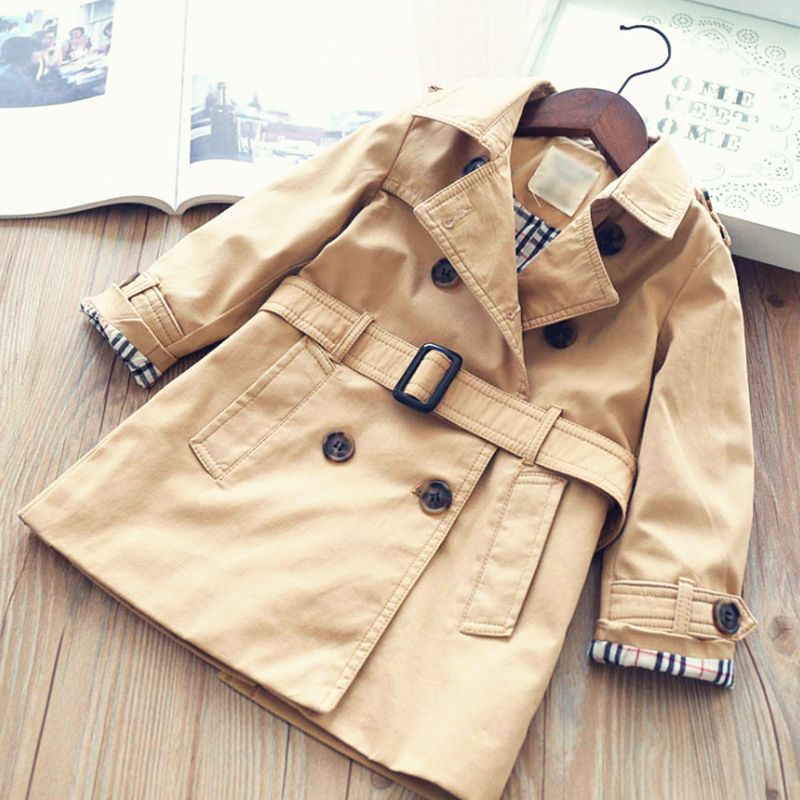 Boys' double-breasted windbreaker 2022 spring and autumn new children's pure cotton belt medium-sized boy's baby mid-length coat