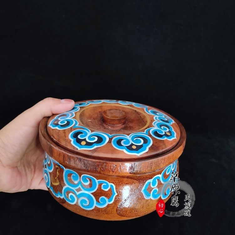蒙古族炒米盒特色實木手工彩繪木制炒米碗帶蓋碗蒙餐新疆西藏專鏈