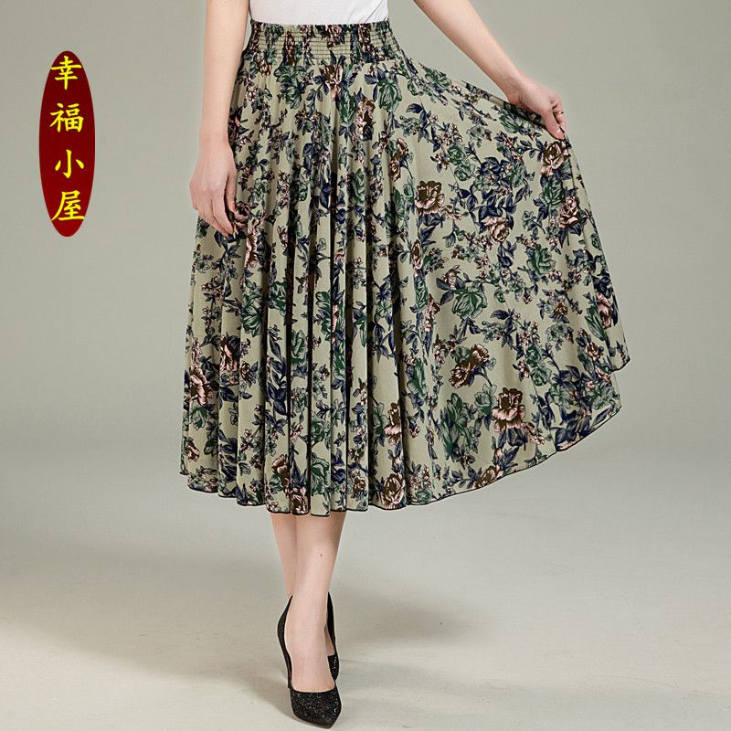 Middle aged women summer skirt high waist ice silk skirt large size elastic waist mid skirt long skirt mother's flower sun skirt