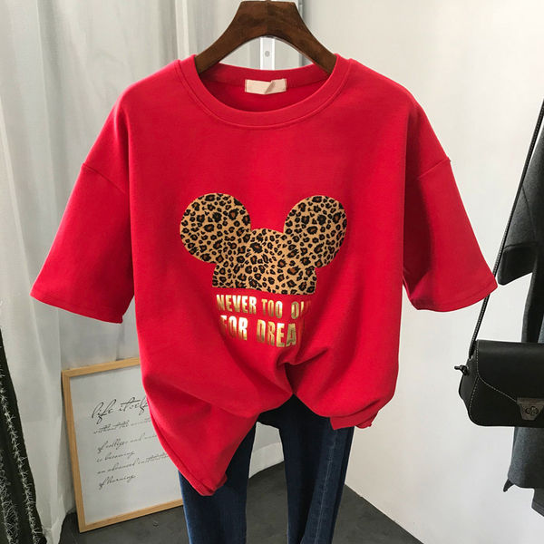 Large size women's red short sleeve T-shirt women's clothes student spring summer Korean loose cartoon Mickey print half sleeve fashion