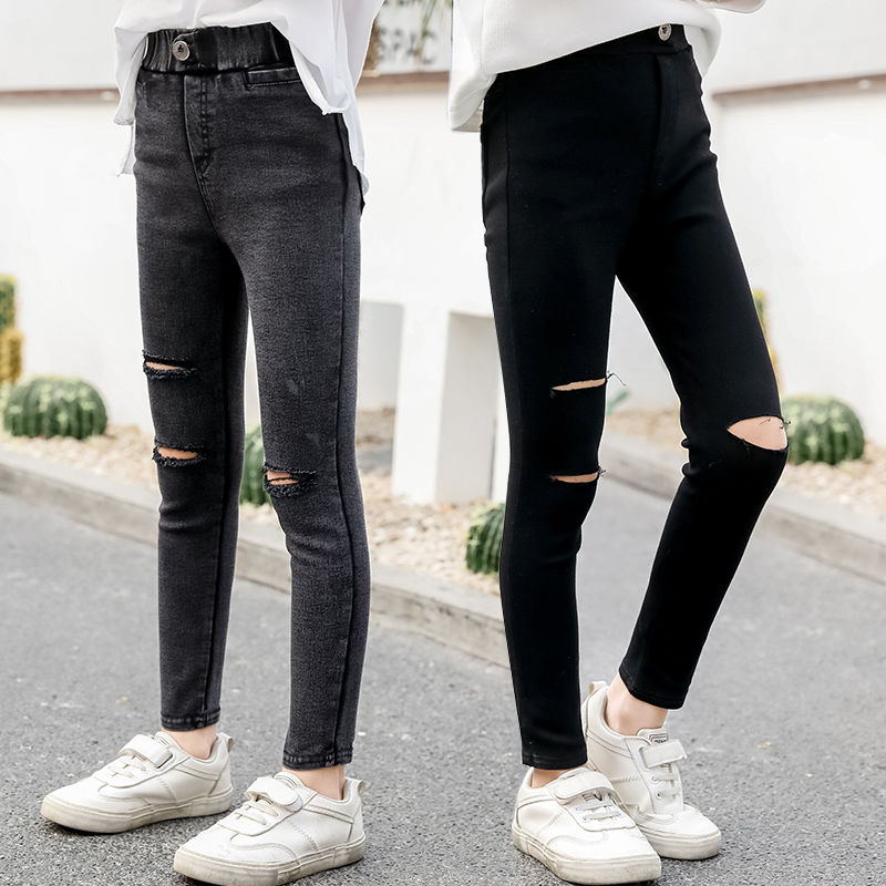 Girls' jeans Plush autumn and winter middle school children's foreign style black thickened pants spring and autumn fashionable children's trousers trend