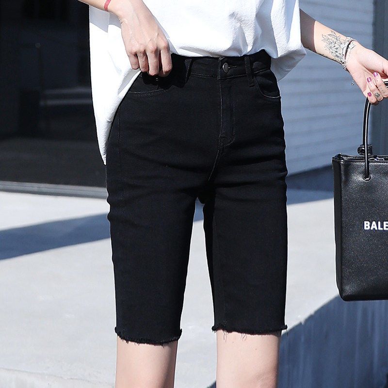 New pants women's summer denim 5-inch straight shorts high waist slim stretch large size black riding pants