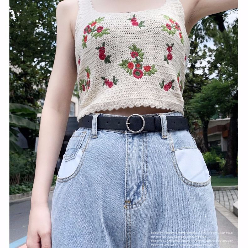 Round button with jeans thin belt for women simple retro versatile belt female ins style student belt for men and women