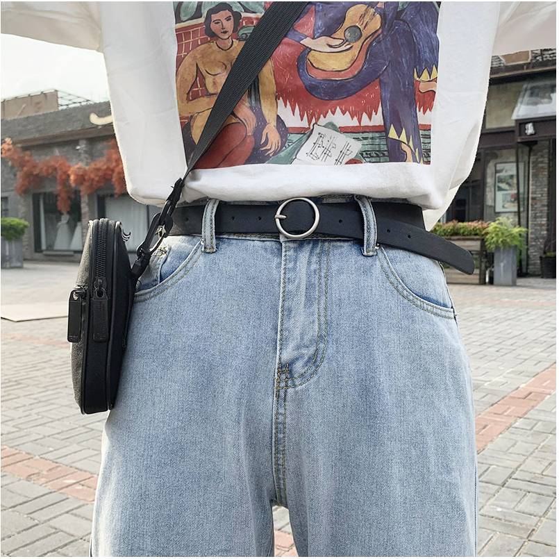 Round button with jeans thin belt for women simple retro versatile belt female ins style student belt for men and women
