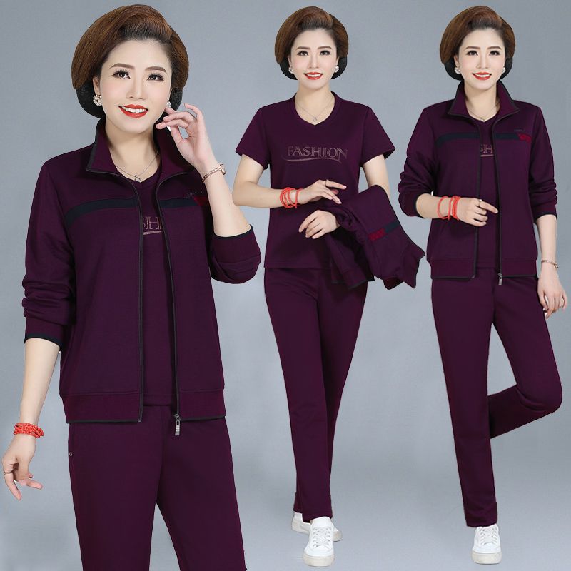 中老年妈妈春季运动服套装女新款韩版修身休闲三件套大码加厚外套