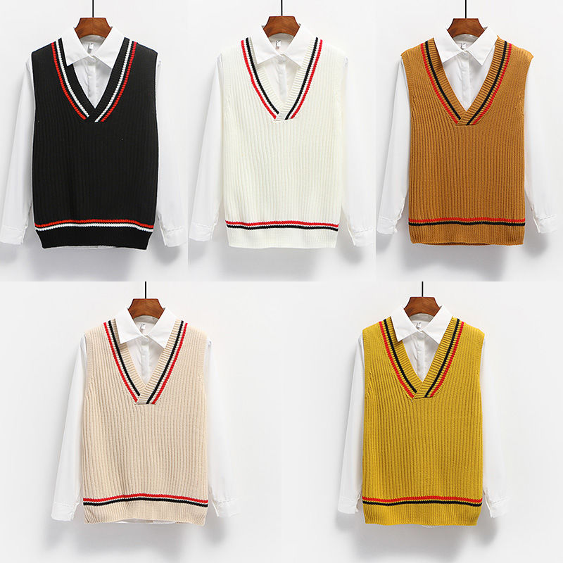 Spring and Autumn New Korean loose student sweater shoulder college V-neck color matching stripe knitted vest for women