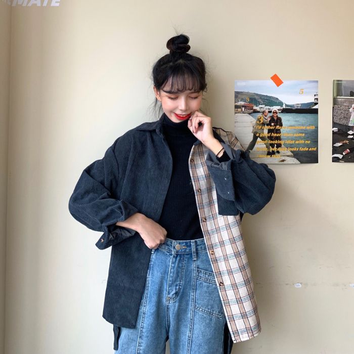 Design sense minority top 2020 spring new retro Plaid patchwork corduroy BF style shirt coat women fashion