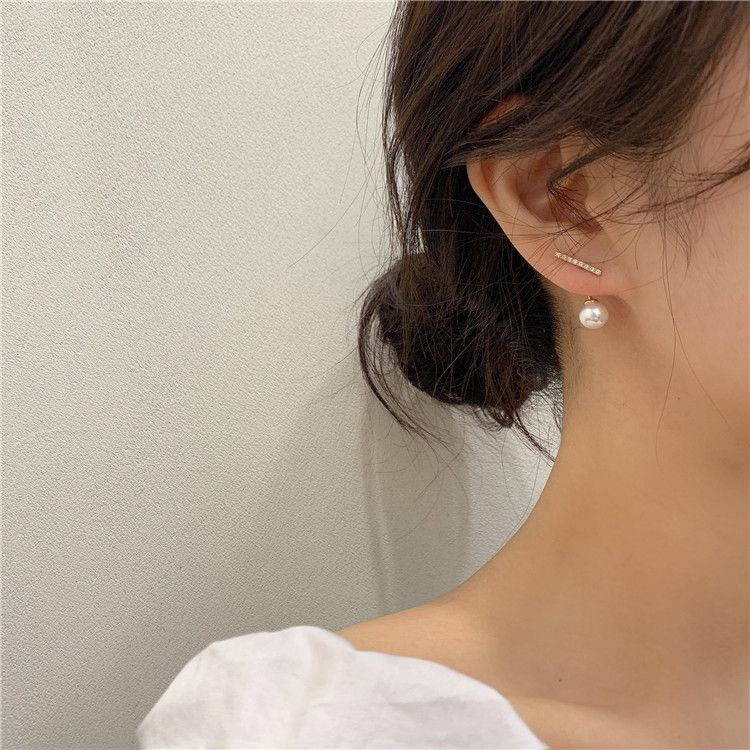 S925银针一款两戴珍珠耳环女韩国个性几何一字锆石后挂式设计耳钉