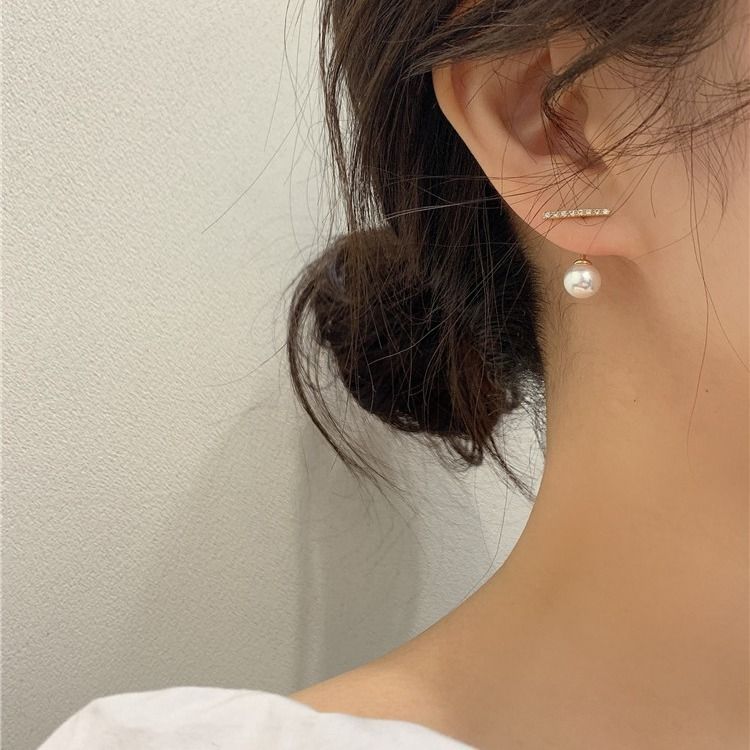 S925银针一款两戴珍珠耳环女韩国个性几何一字锆石后挂式设计耳钉