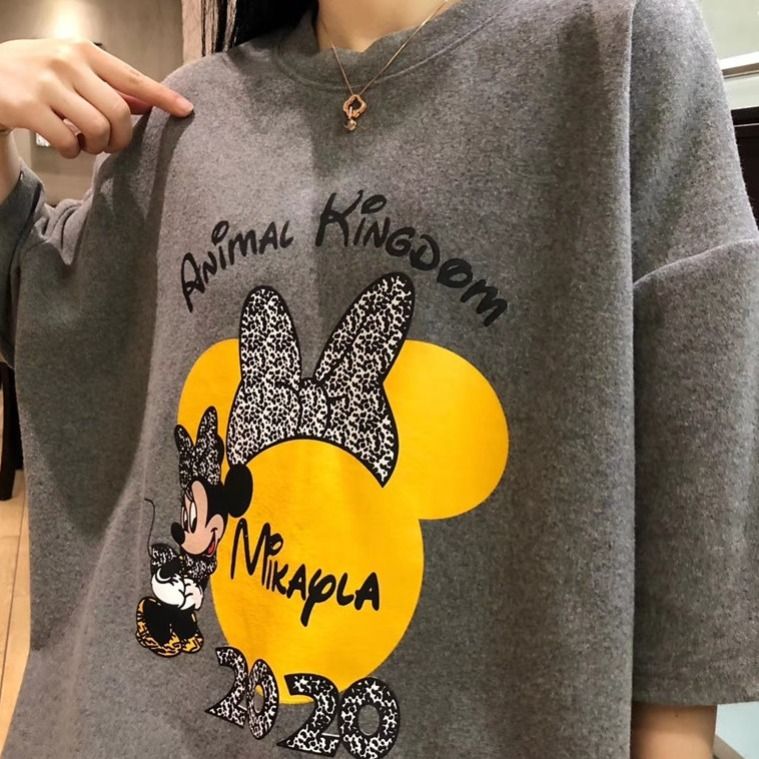 [cotton] short sleeve t-shirt female students' Korean version loose medium length cartoon Mickey top