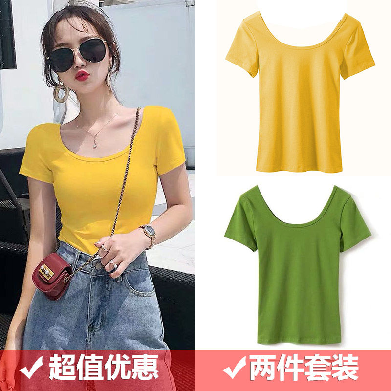 White T-shirt women's short-sleeved U-neck backless slim-fitting body-shirt large neckline sexy half-sleeved top new style