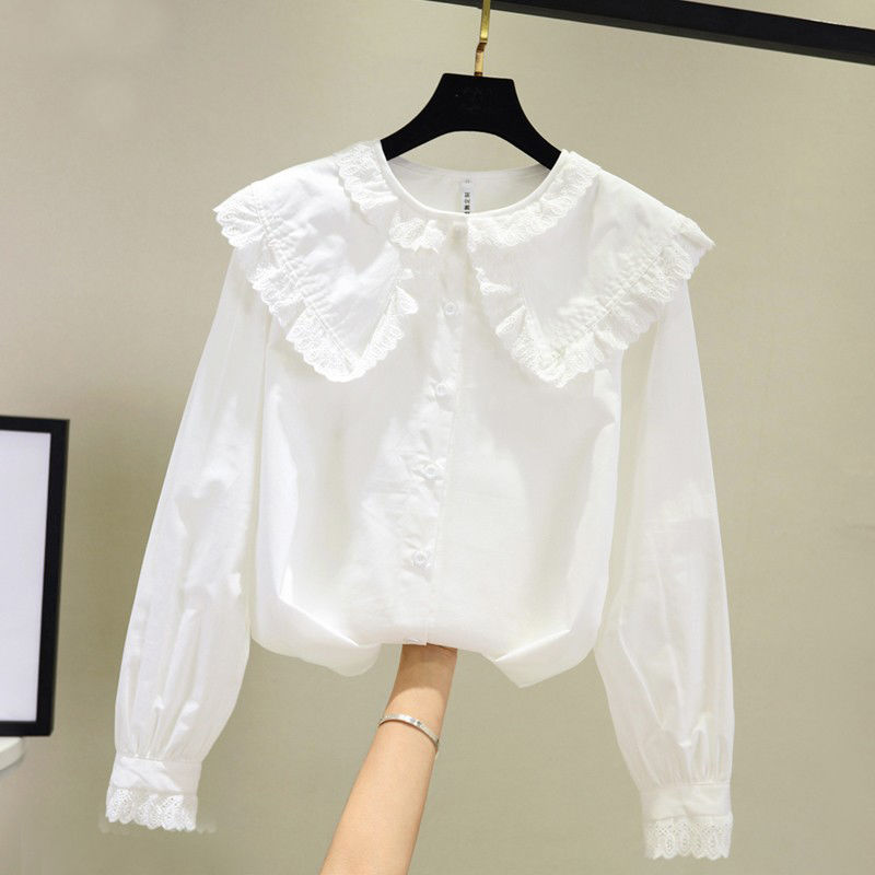 Girls' spring and autumn shirt 2020 new Korean style long sleeve white shirt children's lace doll collar bottom coat