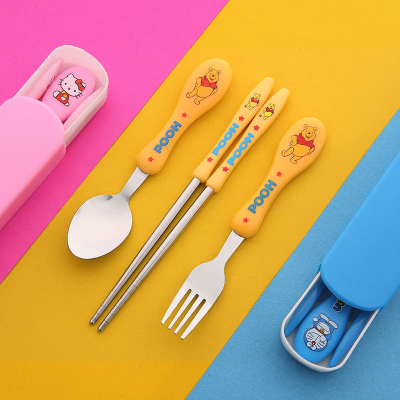 [buy one get one free] three piece portable children's cartoon thickened stainless steel tableware spoon fork chopsticks travel tableware