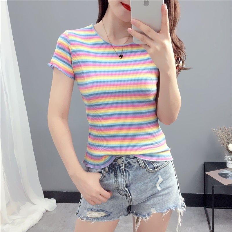 95% Cotton Short Sleeve T-Shirt women's spring dress 2020 new Rainbow Stripe bottom top with summer short slim top