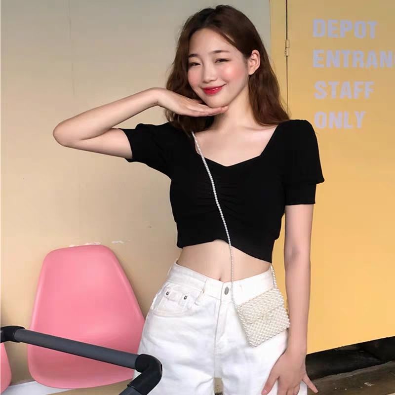 Summer 2021 new Korean version of the small man short high waist slim tops scheming collarbone short-sleeved T-shirt female ins