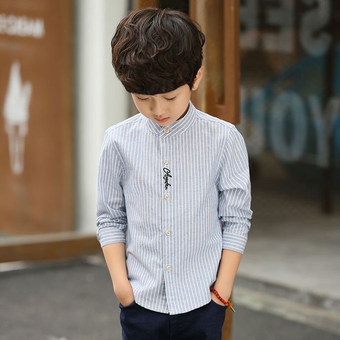 Children's shirt long sleeve boys' top spring and autumn children 2020 new Korean standing collar foreign style striped velvet shirt