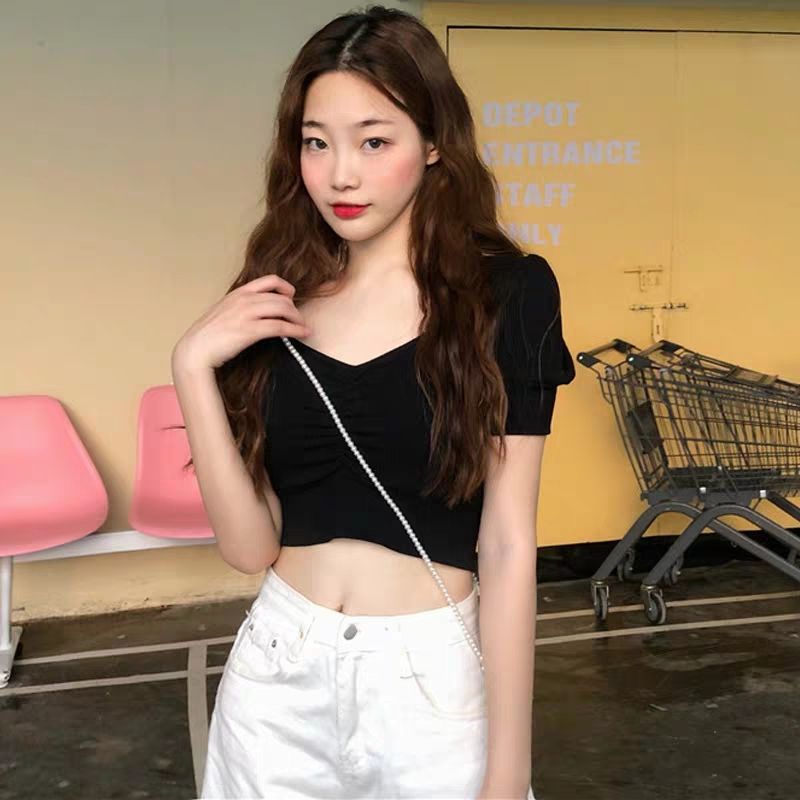 Summer 2021 new Korean version of the small man short high waist slim tops scheming collarbone short-sleeved T-shirt female ins