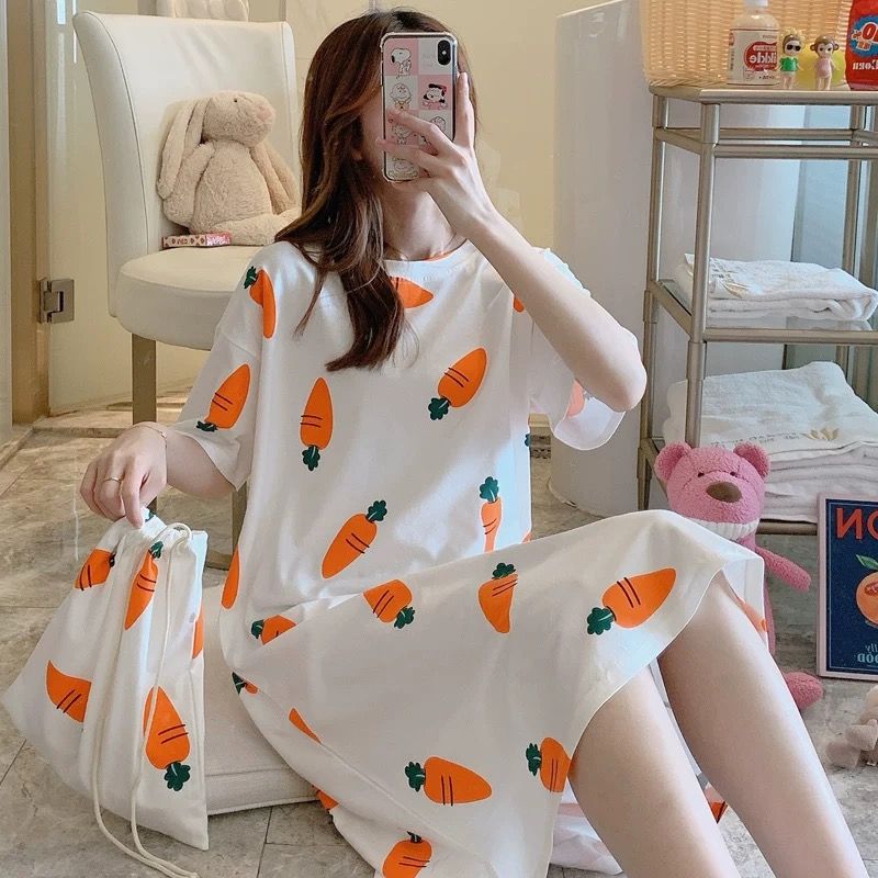 Korean nightdress women's summer short sleeve loose pajamas women's summer cartoon fresh student's medium and long home wear set