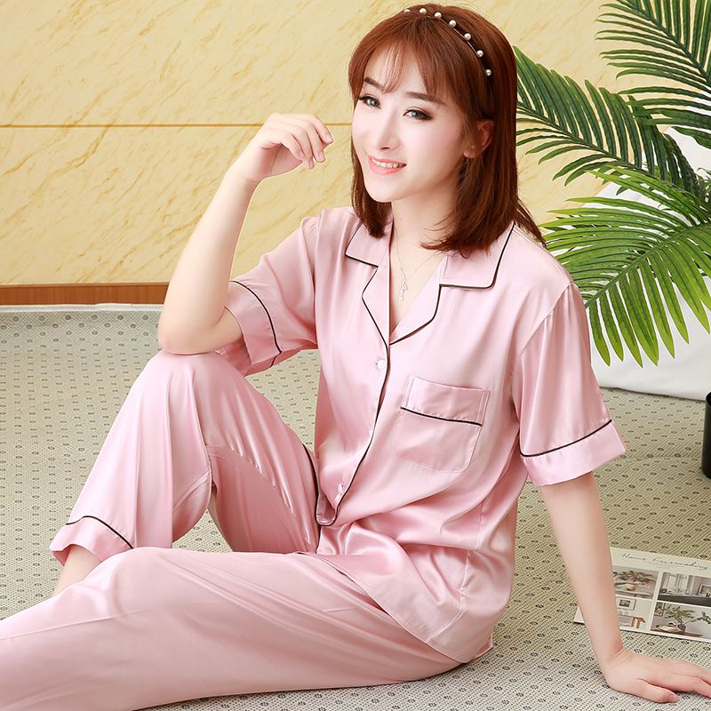 睡衣女士夏季真丝短袖小翻领纯色杭州丝绸手感套装高档冰丝家居服