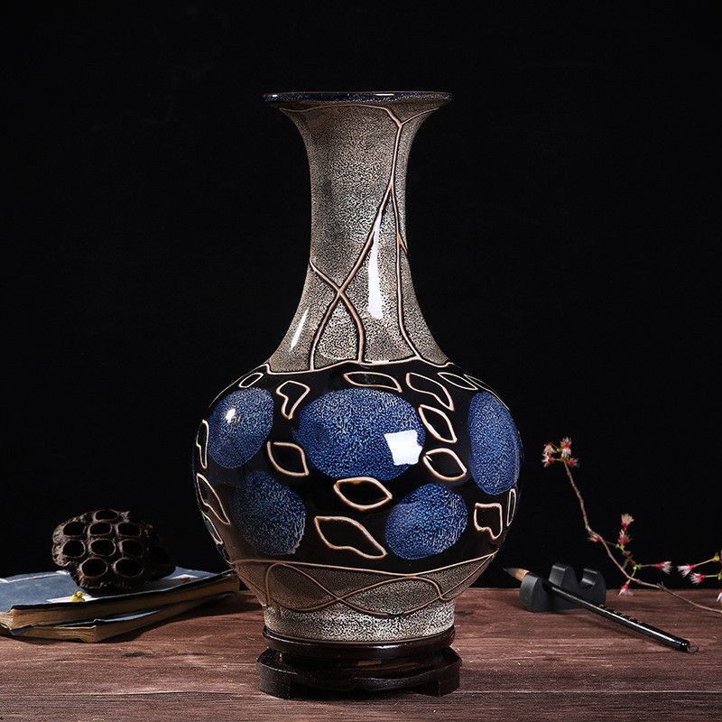 景德镇陶瓷花瓶摆件窑变蓝色瓷瓶创意客厅插花花瓶中式家居装饰品