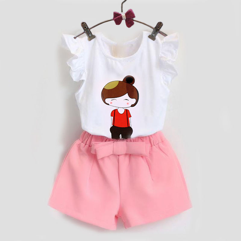 Children's wear girls foreign style summer suit girls casual cartoon printed T-shirt fashionable two piece summer clothes