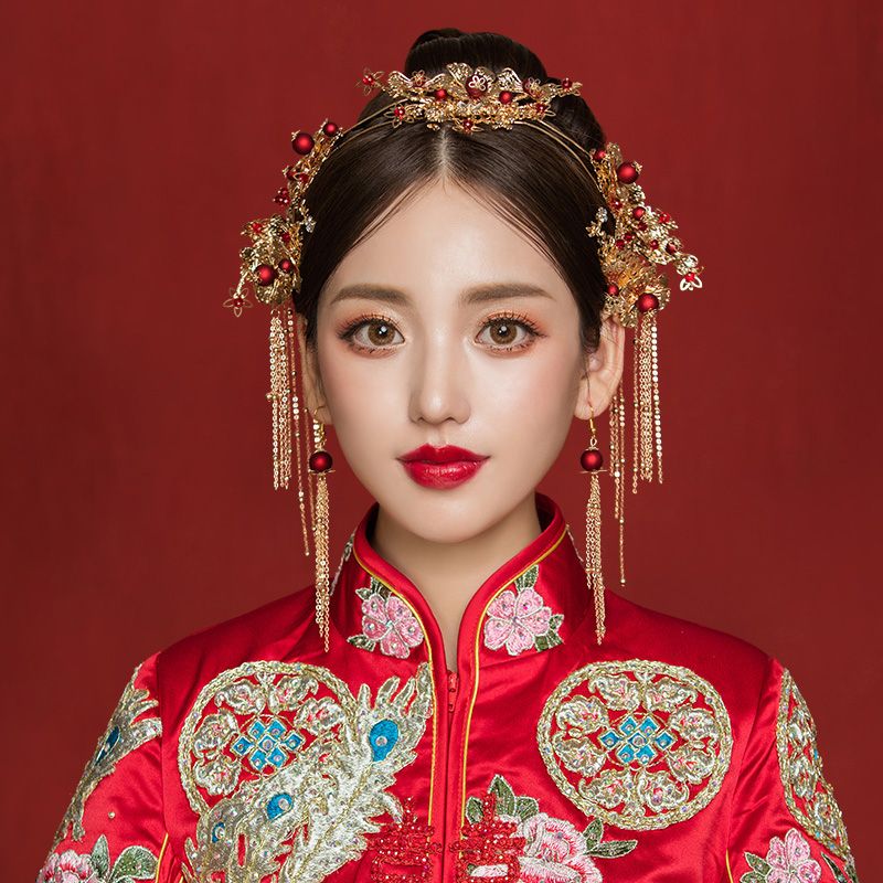 红色新娘头饰美饰秀禾头饰古装敬酒服结婚套装和服凤冠龙凤褂配饰