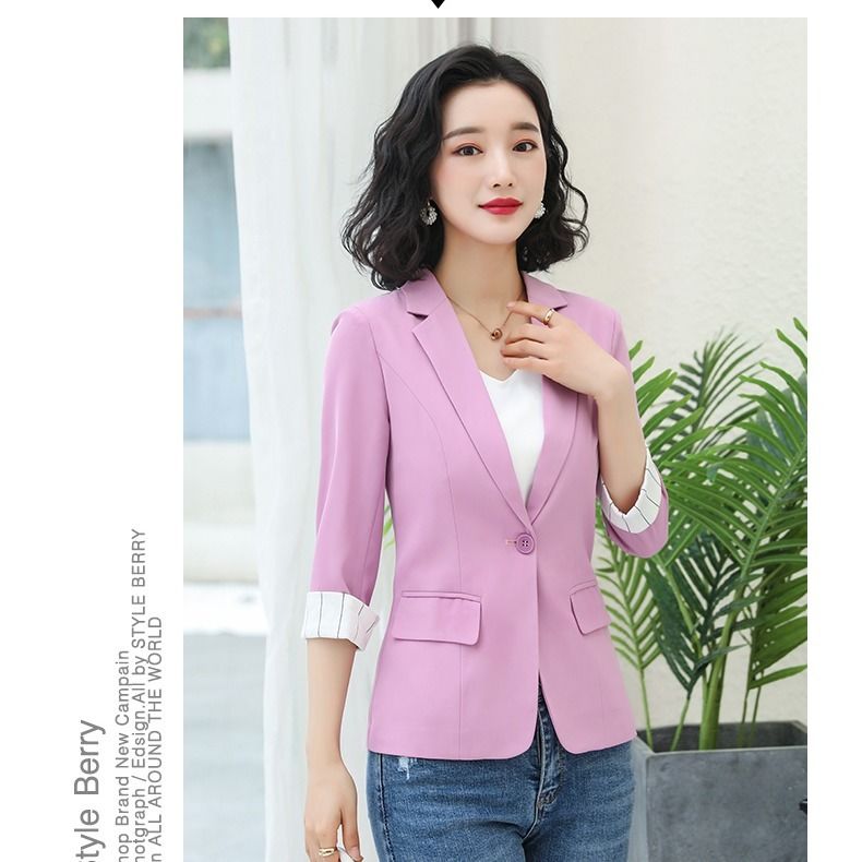 粉色休闲小西装外套女韩版七分袖西服短款女上衣修身西服百搭女【3月