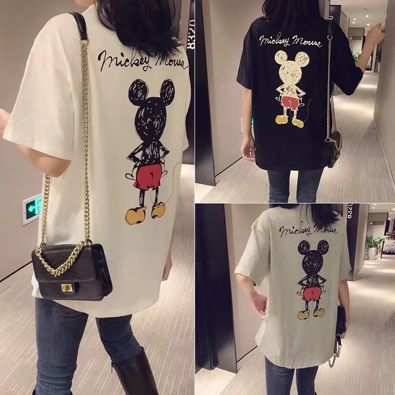 2020 spring and summer printed cartoon Mickey Mouse T-shirt women's loose round neck mid long Korean Short Sleeve Top