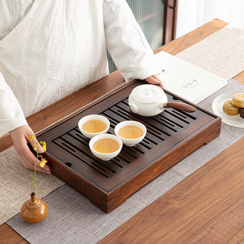 竹储水茶盘办公室茶盘长方形茶托功夫茶盘胡桃色盛水茶台【2月22日发