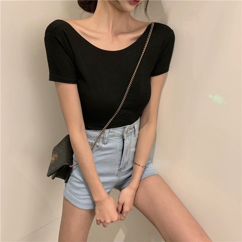 Short collarbone leaking navel large neckline backless t-shirt ladies sexy tight short-sleeved tops with high waist pants summer