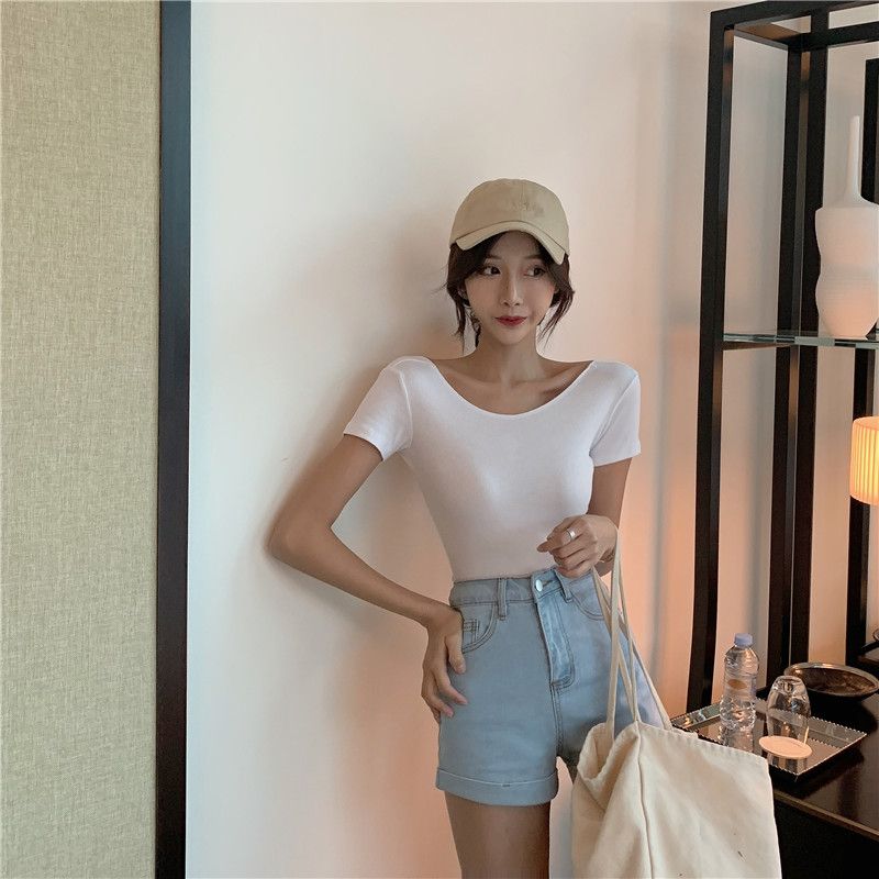Short collarbone leaking navel large neckline backless t-shirt ladies sexy tight short-sleeved tops with high waist pants summer