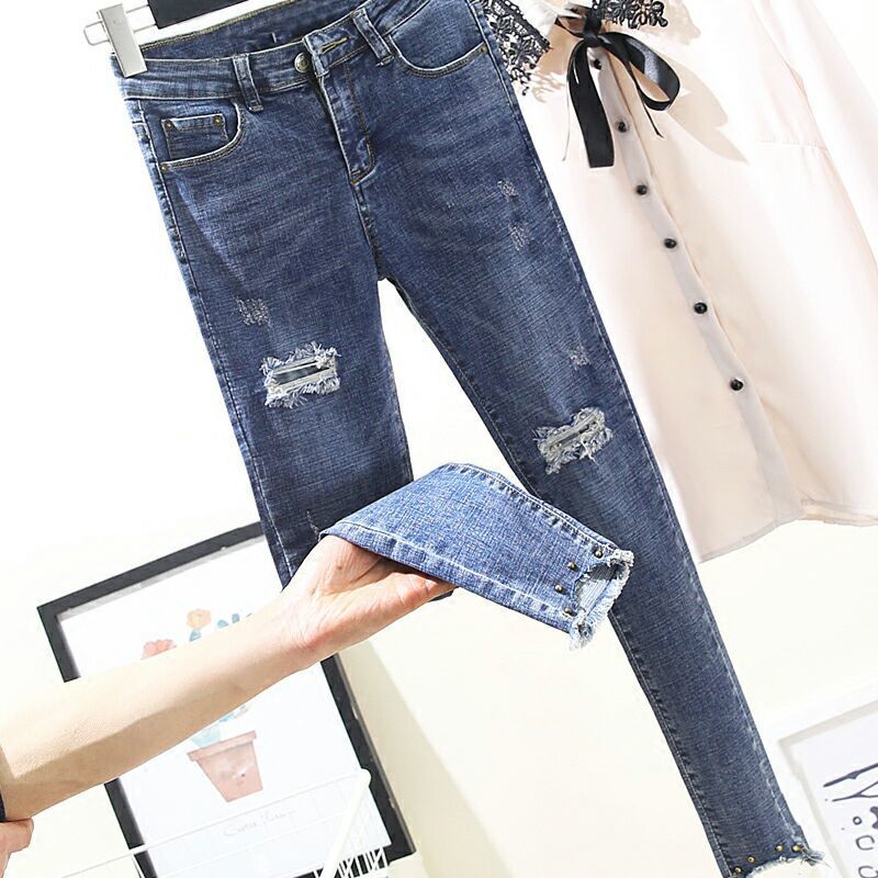 [ten times better] spring and autumn high waisted jeans Korean version of small leg pants with holes, female students' pencil Capris