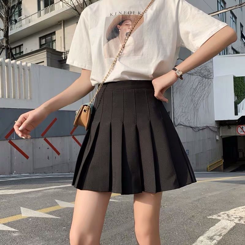 Half skirt pleated skirt short skirt high waist black and white grey A-line skirt slim and light proof pleated skirt