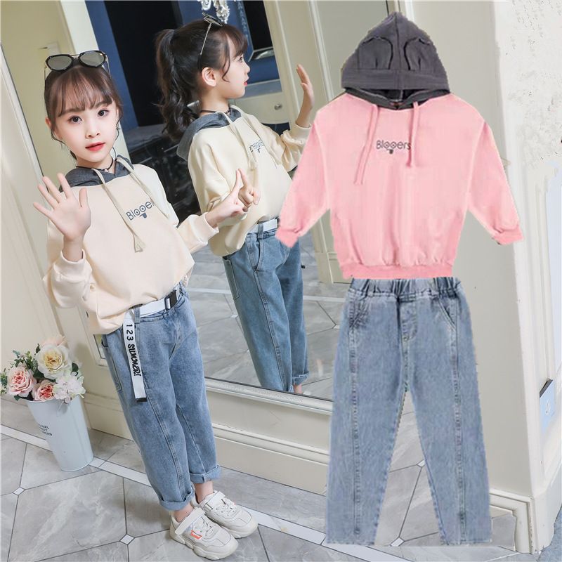 Girls' Plush suit, thickened autumn and winter clothes, sweater, jeans, net red two-piece suit, foreign style, new fashion, middle and large children