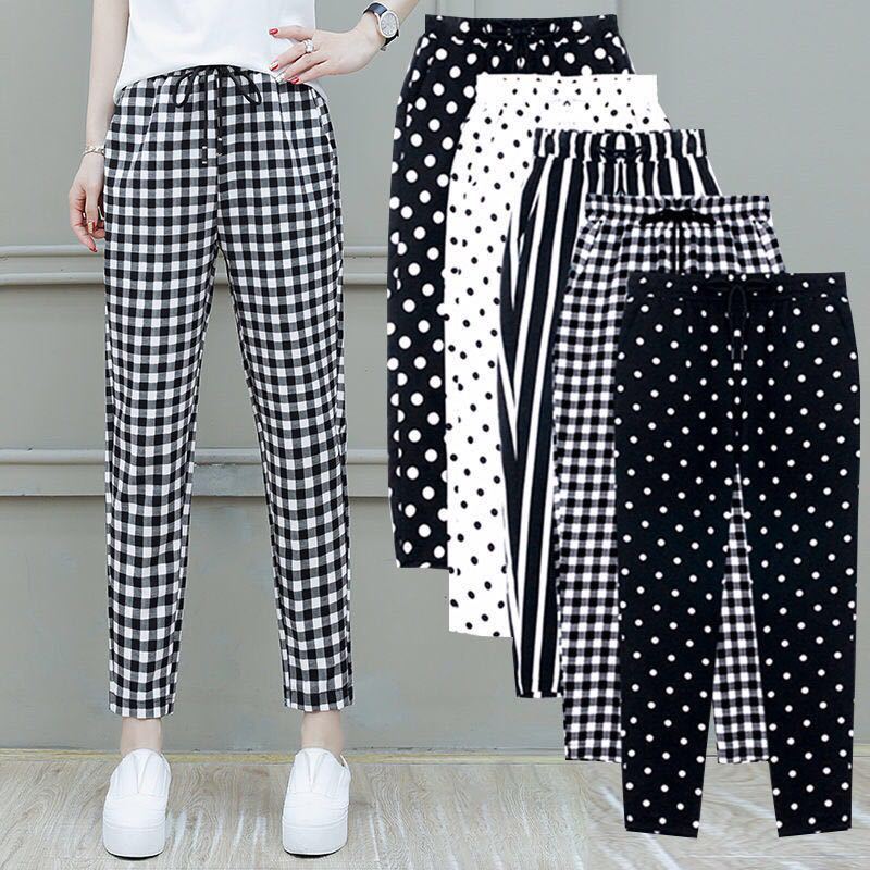 Summer 2020 high waist thin striped checked Harem Pants for women loose large wave point versatile 7-point casual pants for women